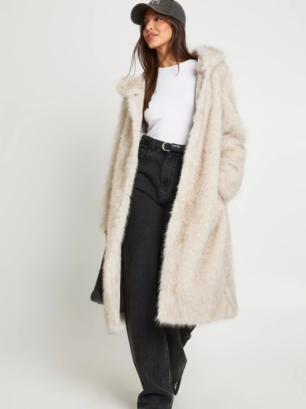 PrettyLittleThing White Faux Fur Maxi Coat Hooded Open Front US 6